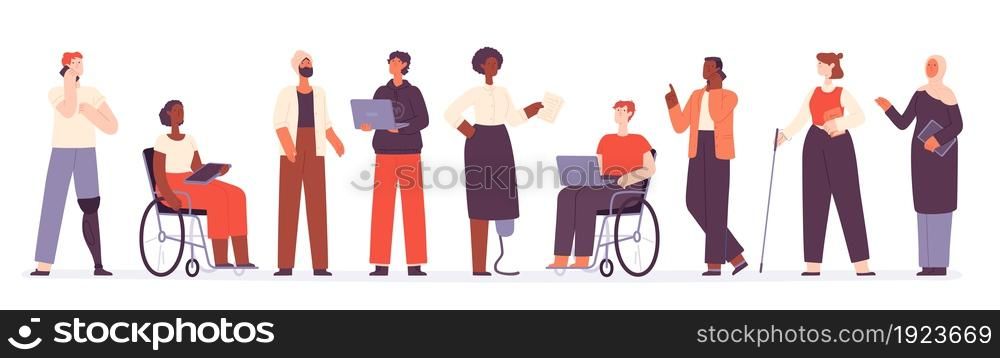 Flat diverse group of business people and office worker. Teamwork inclusion with muslim, black and active disabled characters vector concept. Multinational employees working with gadgets. Flat diverse group of business people and office worker. Teamwork inclusion with muslim, black and active disabled characters vector concept