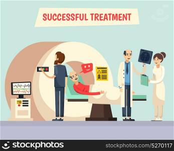 Flat Doctor Character Composition. Colored flat doctor character composition with successful treatment headline at the center vector illustration