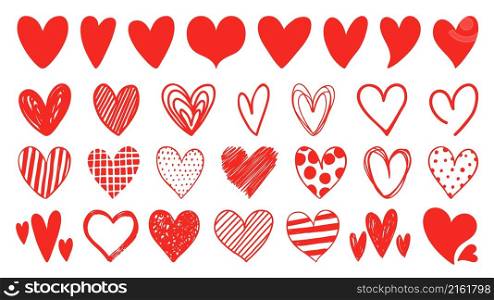 Flat, doodle and sketch red heart shape icon designs. Abstract romantic emoji symbol. Hand drawn wedding and valentine day hearts vector set. Dotted and striped elements of different shape. Flat, doodle and sketch red heart shape icon designs. Abstract romantic emoji symbol. Hand drawn wedding and valentine day hearts vector set