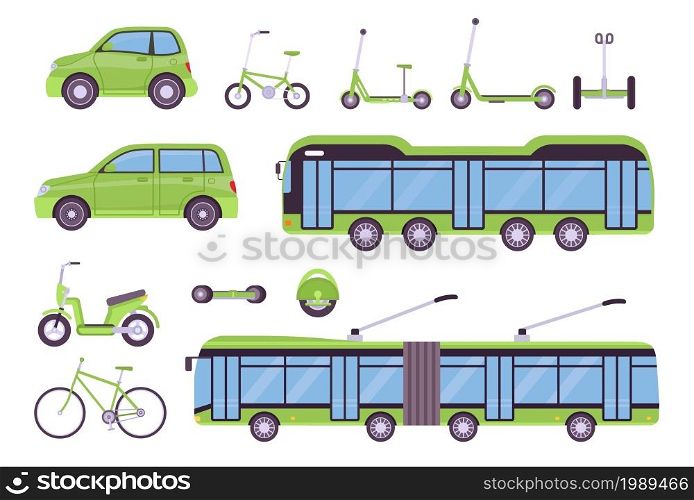 Flat eco transport electric bus, cars, scooter, bicycles and board. Urban smart ecological vehicles. Environment friendly ride vector set. Alternative energy technologies for transportation. Flat eco transport electric bus, cars, scooter, bicycles and board. Urban smart ecological vehicles. Environment friendly ride vector set