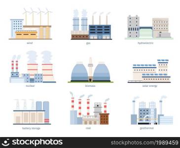 Flat electric energy sources, coal, gas and nuclear. Clean electricity generation plant. Solar, wind, biomass and thermal power vector set. Renewable resources for industry or production. Flat electric energy sources, coal, gas and nuclear. Clean electricity generation plant. Solar, wind, biomass and thermal power vector set