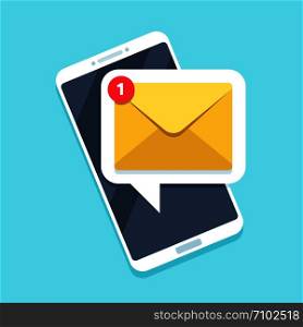 Flat email notification on smartphone. Sms icon or mail message reminder mailing on mobile phone or electronic newsletter documents cellphone vector symbol illustration. Flat email notification on smartphone. Sms icon or mail message reminder on mobile phone vector illustration