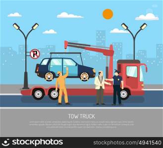 Flat Evacuator Illustration. Tow truck evacuating car from towaway zone on cityscape background flat vector illustration