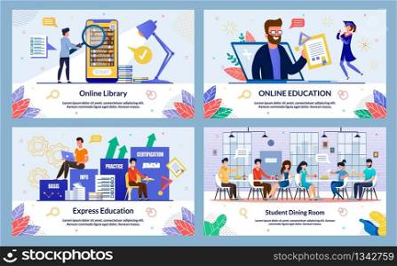 Flat Express Education, Online Library, Cartoon. Set Student Dining Room, Online Education. Guys and Girls are Sitting Student Canteens Room Eating and having Fun. Vector Illustration.