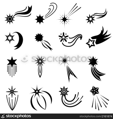 Flat falling stars icons, comet logo designs. Magic star fall with sparkle trail. Abstract galaxy meteor with tail. Shooting star vector set. Festive shiny elements isolated on white. Flat falling stars icons, comet logo designs. Magic star fall with sparkle trail. Abstract galaxy meteor with tail. Shooting star vector set