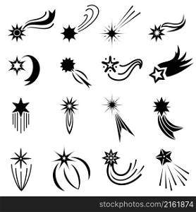 Flat falling stars icons, comet logo designs. Magic star fall with sparkle trail. Abstract galaxy meteor with tail. Shooting star vector set. Festive shiny elements isolated on white. Flat falling stars icons, comet logo designs. Magic star fall with sparkle trail. Abstract galaxy meteor with tail. Shooting star vector set