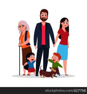 Flat family. Happy hugging people characters standing together, group of kids and parents grandparents. Vector cartoon smiling happiness people. Flat family. Happy hugging people characters standing together, group of kids and parents grandparents. Vector cartoon smiling people
