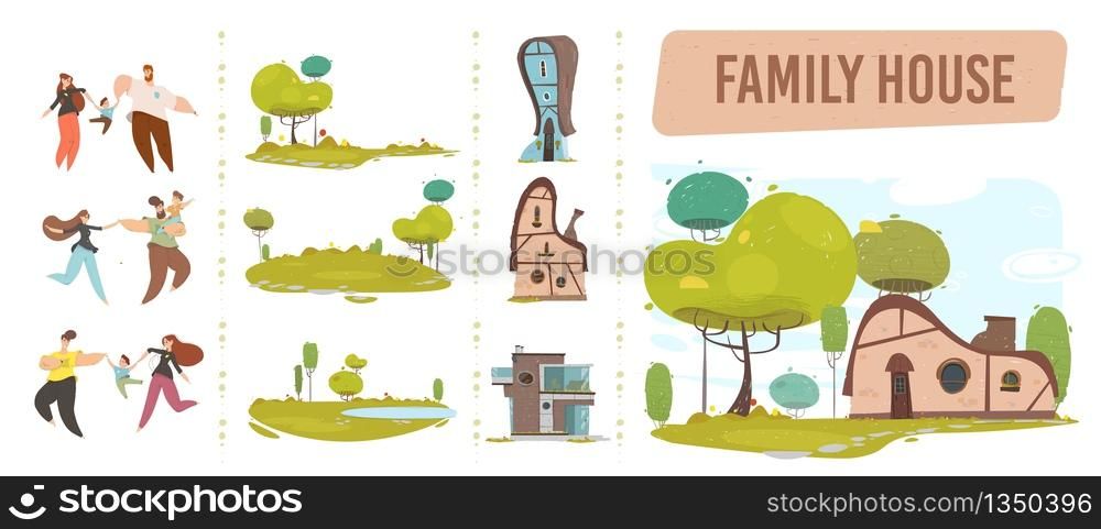 Flat Family House, Happy People Characters and Nature Craft Set. Parents and Children Have Fun. Green Garden, Forest or Meadow with Lake. Different Country Cottages. Vector Farmland Illustration. Family House, Happy People and Nature Craft Set