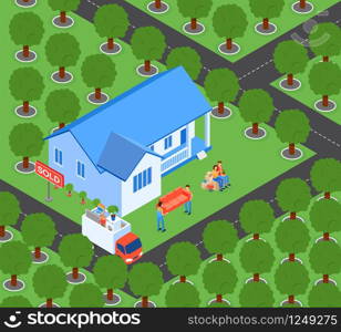 Flat Family Moves to New Home Vector Illustration. Big House in Green Zone. Family Packed Up and Ready for Relocate. Movers Load Furniture into Van, Isometric. Family Ordered Transportation Things.. Flat Family Moves to New Home Vector Illustration.