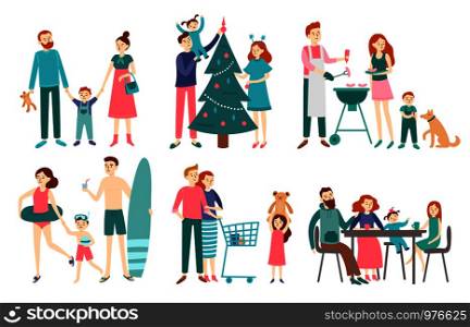 Flat family people. Father, mother and kids characters together celebrate christmas, dinner barbecue or person tripping and rest on beach. Couple with children on shopping vector isolated icon set. Flat family people. Father, mother and kids together celebrate christmas or rest on beach. Couple with children on shopping vector set