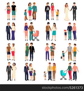 Flat Family Set. Heterosexual couples and families with children flat set isolated on white background vector illustration