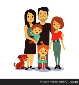 Flat family with pets isolated on white background. Family people woman and man, character dog and mother father daughter son. Vector illustration. Flat family with pets isolated on white background