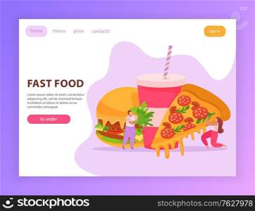 Flat fast food composition with burger drink man and woman holding piece of pizza vector illustration