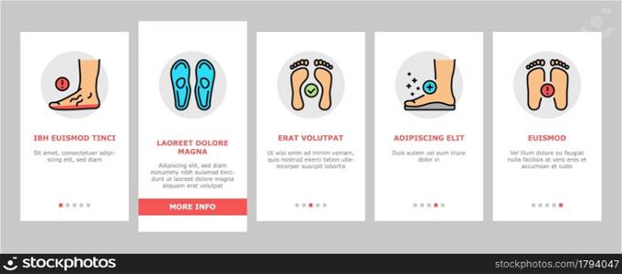 Flat Feet Disease Onboarding Mobile App Page Screen Vector. Orthopedic Insoles And Shoes, Inward And Outward Curvature Of Legs, Flat Feet Treatment Illustrations. Flat Feet Disease Onboarding Icons Set Vector
