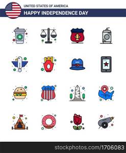 Flat Filled Line Pack of 16 USA Independence Day Symbols of bird  american  usa  usa  cola Editable USA Day Vector Design Elements