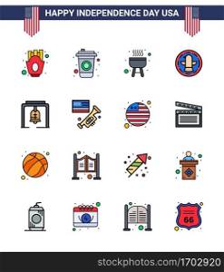 Flat Filled Line Pack of 16 USA Independence Day Symbols of church bell  bell  bbq  alert  celebration Editable USA Day Vector Design Elements