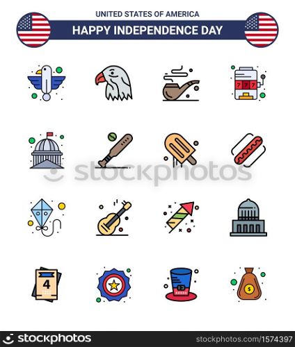 Flat Filled Line Pack of 16 USA Independence Day Symbols of house; game; usa; slot; casino Editable USA Day Vector Design Elements