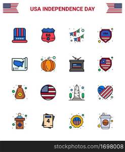 Flat Filled Line Pack of 16 USA Independence Day Symbols of map  sign  american  shield  garland Editable USA Day Vector Design Elements