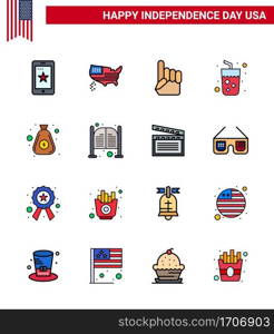 Flat Filled Line Pack of 16 USA Independence Day Symbols of money  wine  foam hand  juice  alcohol Editable USA Day Vector Design Elements