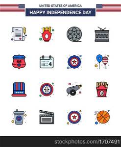 Flat Filled Line Pack of 16 USA Independence Day Symbols of shield  st  play  parade  instrument Editable USA Day Vector Design Elements