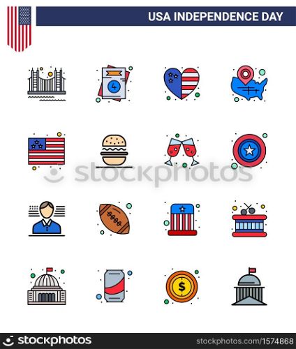 Flat Filled Line Pack of 16 USA Independence Day Symbols of wisconsin; states; usa; map; flag Editable USA Day Vector Design Elements