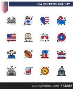 Flat Filled Line Pack of 16 USA Independence Day Symbols of wisconsin; states; usa; map; flag Editable USA Day Vector Design Elements