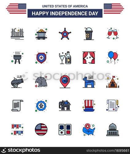 Flat Filled Line Pack of 25 USA Independence Day Symbols of beer; limonade; rail; american; usa Editable USA Day Vector Design Elements