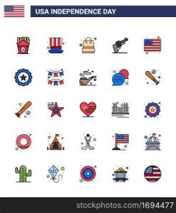 Flat Filled Line Pack of 25 USA Independence Day Symbols of flag  american  bag  weapon  gun Editable USA Day Vector Design Elements