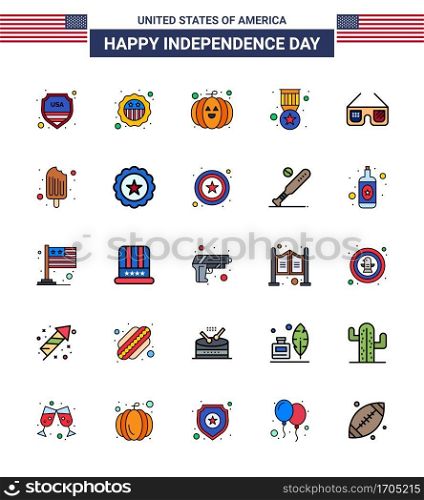 Flat Filled Line Pack of 25 USA Independence Day Symbols of imerican; sunglasses; food; military; badge Editable USA Day Vector Design Elements