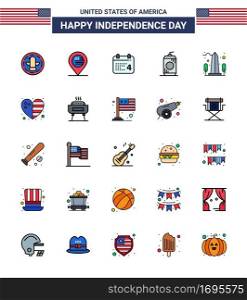 Flat Filled Line Pack of 25 USA Independence Day Symbols of monument  usa  calender  drink  bottle Editable USA Day Vector Design Elements