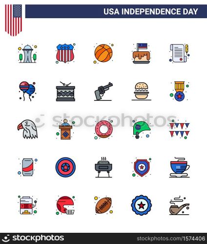 Flat Filled Line Pack of 25 USA Independence Day Symbols of receipt; usa; ball; party; cake Editable USA Day Vector Design Elements