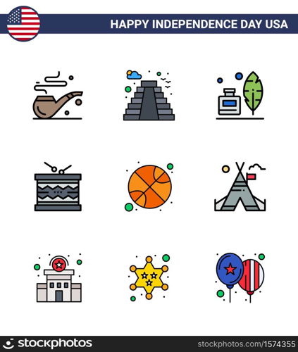 Flat Filled Line Pack of 9 USA Independence Day Symbols of ball; st; feather; parade; instrument Editable USA Day Vector Design Elements