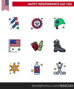 Flat Filled Line Pack of 9 USA Independence Day Symbols of bottle  flag  badge  country  star Editable USA Day Vector Design Elements