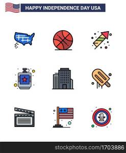 Flat Filled Line Pack of 9 USA Independence Day Symbols of building  hip  celebration  flask  alcoholic Editable USA Day Vector Design Elements