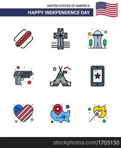 Flat Filled Line Pack of 9 USA Independence Day Symbols of c& tent free  landmark  weapon  security Editable USA Day Vector Design Elements