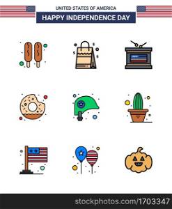 Flat Filled Line Pack of 9 USA Independence Day Symbols of protection  head  holiday  food  round Editable USA Day Vector Design Elements