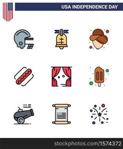 Flat Filled Line Pack of 9 USA Independence Day Symbols of usa; leisure; cowboy; entertainment; hotdog Editable USA Day Vector Design Elements