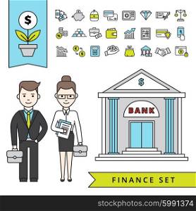 Flat Finance Concept With Businessman And Bank. Flat finance concept with businessman and his employee near bank building and financial icons set isolated vector illustration