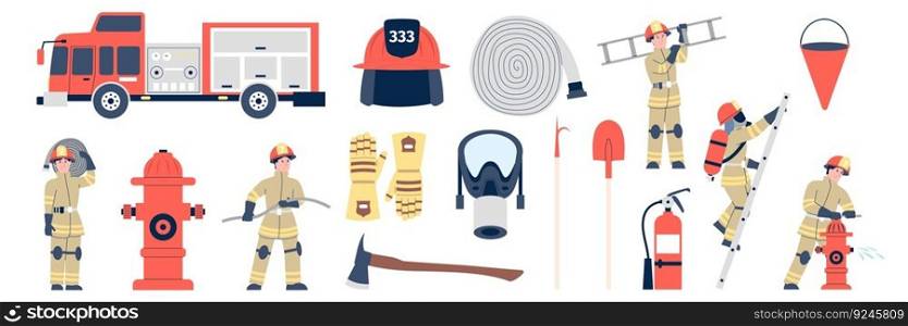 Flat firefighters and equipment, fireman character. Emergency occupation, firefighter in uniform and hose. Fire rescue tools recent vector set of firefighter and equipment illustration. Flat firefighters and equipment, fireman character. Emergency occupation, firefighter in uniform and hose. Fire rescue tools recent vector set