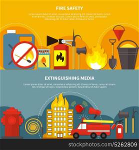 Flat Firefighting Banners. Flat design extinguishing media and fire safety tools horizontal banners set on colorful backgrounds isolated vector illustration
