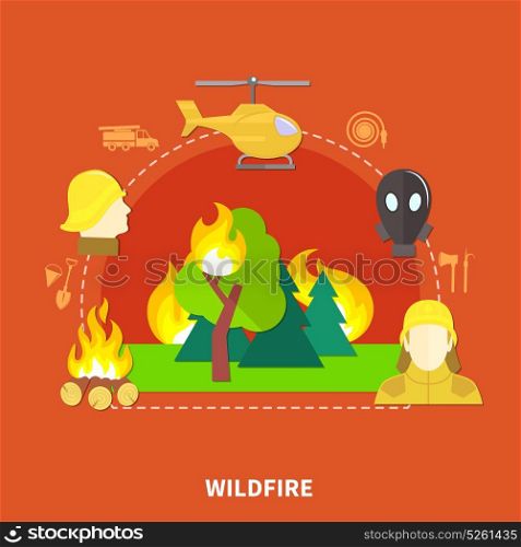 Flat Firefighting Illustration. Flat design firefighting work and fireman equipment on red background vector illustration