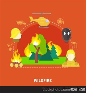 Flat Firefighting Illustration. Flat design firefighting work and fireman equipment on red background vector illustration