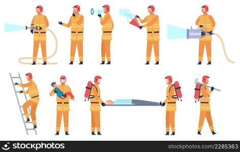 Flat fireman worker in uniform saving peop≤and put out flame. Firefighter character, professional rescuer with hose and ladder vector set. Illustration of uniform fire job service. Flat fireman worker in uniform saving peop≤and put out flame. Firefighter character, professional rescuer with hose and ladder vector set