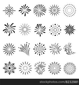 Flat fireworks black clipart. Exploding firework, celebration simple circle festive icons. New year carnival, anniversary or graduate elements. Vector celebration decoration element illustration. Flat fireworks black clipart. Exploding firework, celebration simple circle festive icons. New year carnival, anniversary or graduate graphic neoteric elements