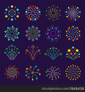 Flat fireworks. Celebration burst stars entertainments birthday gift symbols recent vector fireworks icons collection. Illustration festival color fireworks, anniversary and xmas salute. Flat fireworks. Celebration burst stars entertainments birthday gift symbols recent vector fireworks icons collection