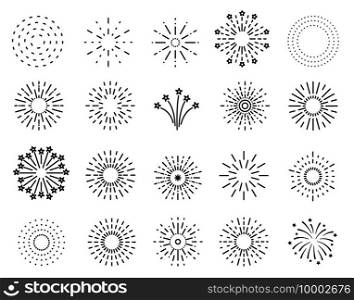 Flat fireworks. Festive sparkles, carnival salutes. Christmas, 4th july and winter holidays outline firework explosion vector. Christmas carnival sparkle salute, 4th jule sketch linear illustration. Flat fireworks. Festive sparkles, carnival salutes. Christmas, 4th july and winter holidays outline firework explosion vector element