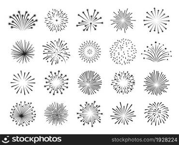 Flat fireworks. Lines firework icons, simple new year festival saluting. Shining celebration party objects, carnival sparkle tidy vector symbols. Illustration of firework celebration and new explosion. Flat fireworks. Lines firework icons, simple new year festival saluting. Shining celebration party objects, simple carnival sparkle tidy vector symbols
