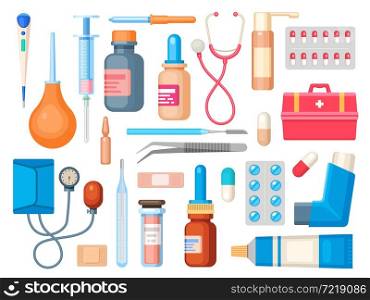Flat first aid kit with syringe, thermometer, drugs and stethoscope. Medicine pills, bottles and inhaler. Medical emergency box vector set. Stethoscope, inhaler equipment for illness curing. Flat first aid kit with syringe, thermometer, drugs and stethoscope. Medicine pills, bottles and inhaler. Medical emergency box vector set