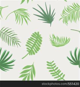 Flat floral composition from green tone tropical branch seamless vector pattern on the white background.