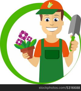 Flat Florist holding the pot with flowers. Vector Illustration